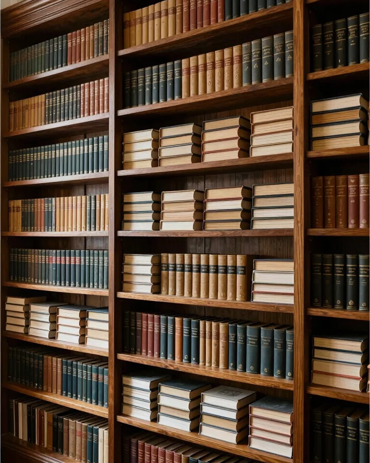 Classic architectural library interior with warm ambient daylight, mahogany bookshelves, and stacked historical referenc