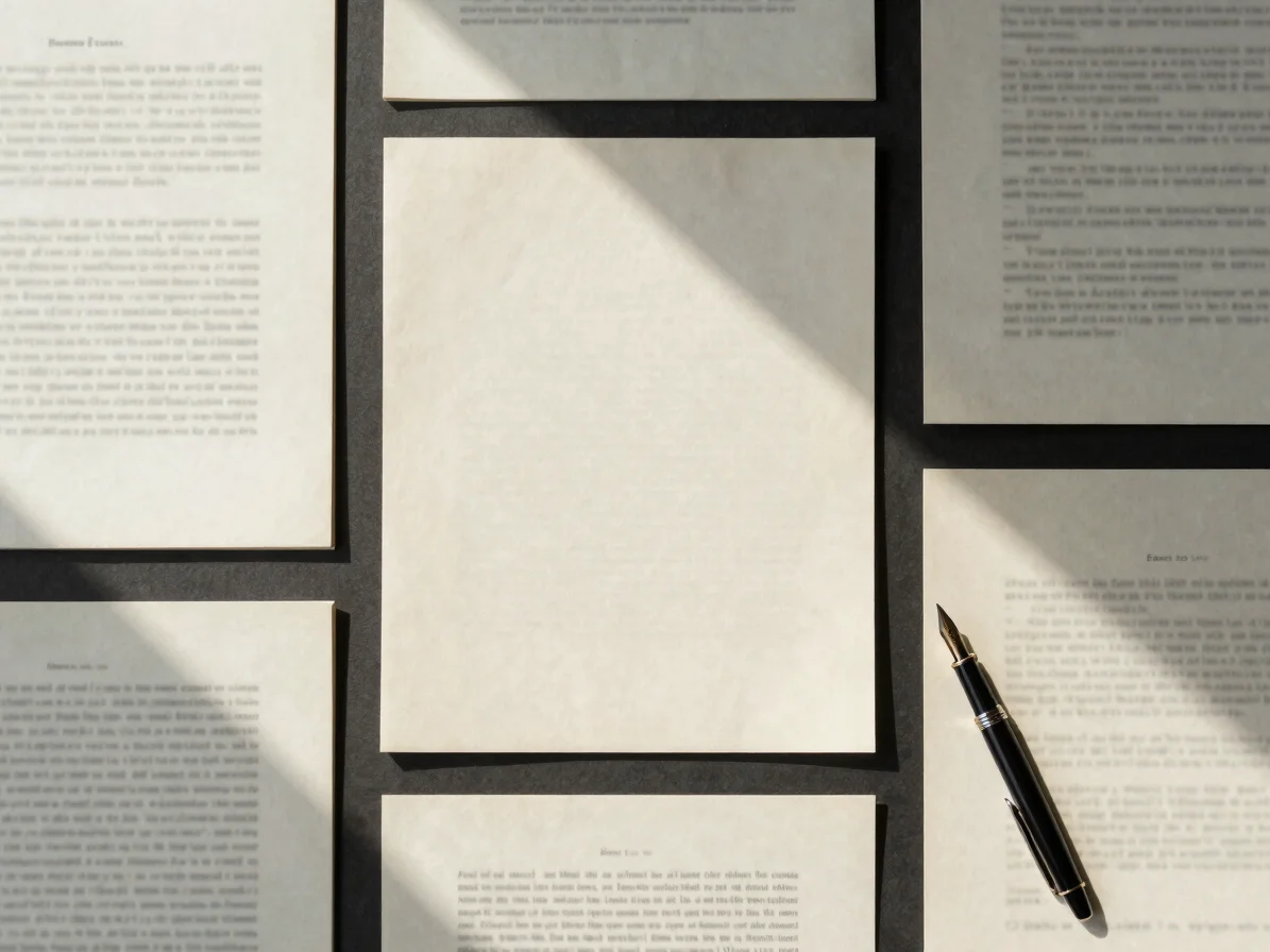 Minimalist editorial flatlay with legal manuscripts, a fountain pen, and warm paper textures under soft window daylight.